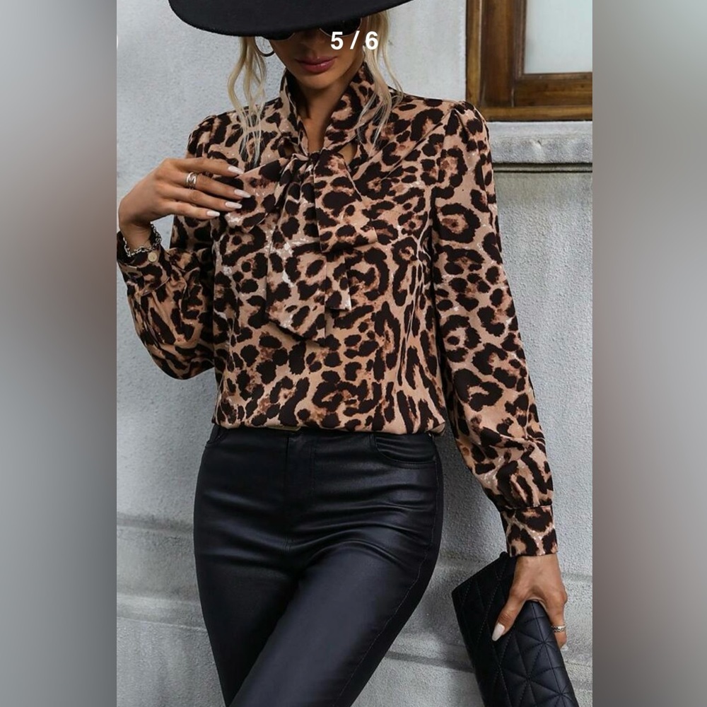 oversized flowy women’s button up leopard print blouse with neck tie closure